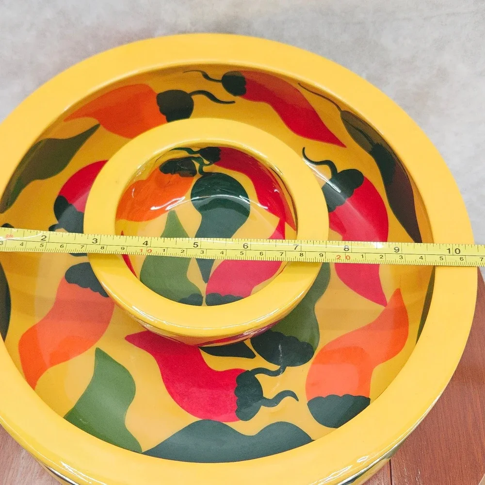 Hand Painted‎ Chili Pepper Wooden Chip & Dip Bowl Set Yellow Southwestern Vtg
